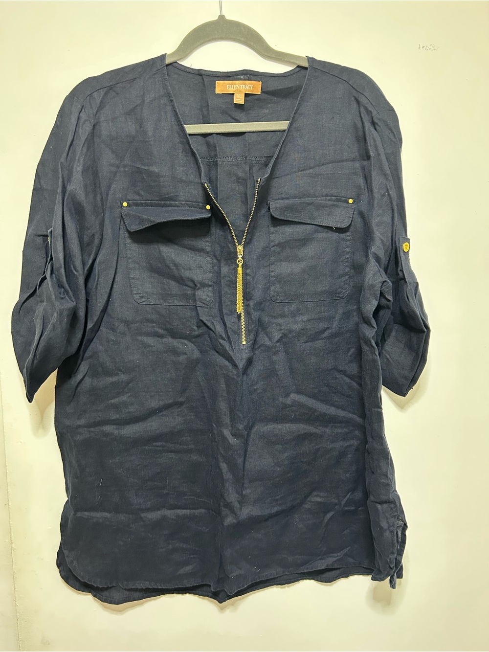 Ellen Tracy Navy Popover Blouse with Gold-Tone Zip